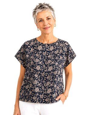 Pure Jill 100% Linen Navy Blue Lavender Floral Top